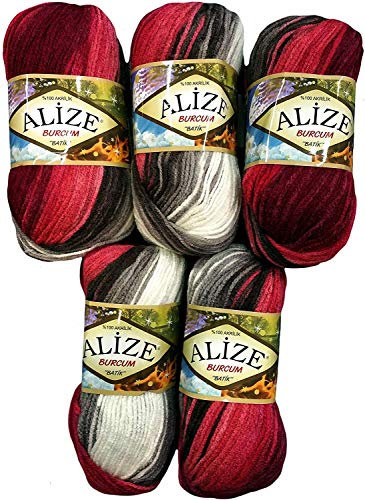 5 x 100 Gramm Ilkadim Export Burcum Batik Wolle mehrfarbig mit Farbverlauf, 500 Gramm Acryl Strickwolle bunt (bordeaux rot braun weiss 1984)
