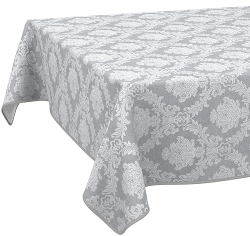 ANRO Tischdecke abwaschbar Damast Barock Grau mit Saum 140x140 cm | mit Saum eingefasst – ideal für Garten, Terrasse & Esszimmer – Gartentischdecke wetterfest – waschbar bei 30 °C