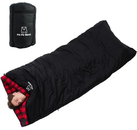 PO PO BEAR Zero Degree Schlafsack für Erwachsene, 100 % Baumwollflanell, groß und groß (schwarz, 213,4 x 101,6 cm, Reißverschluss rechts)