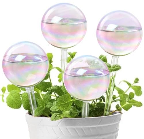 KiKiHeim 4Pcs Plant Watering Globes, Rainbow Self Watering Globes, Hand Blown Self Watering Planter Insert Spikes Plant Accessories, Glass Water Bulbs for Plants