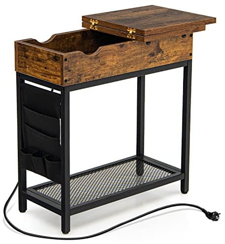 LIFEZEAL Table d'Appoint avec 2 Ports USB et 2 Prises, Table Console avec Plateau Pliable et Sac Latéral en Tissu, Bout de Canapé pour Salon et Chambre à Coucher, 60 x 30 x 58,5, Marron