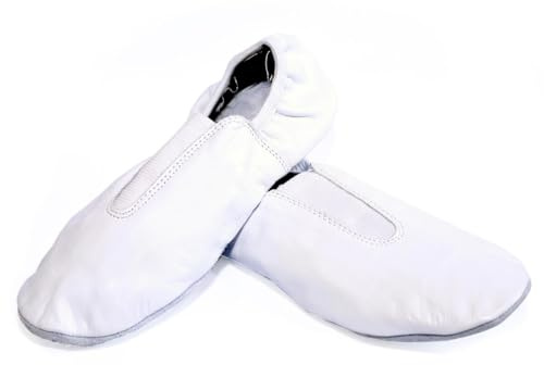 Toddler & Kids White Gymnastic Shoes - Trampoline Shoes Gymnastics - Tumbling Shoes - Agility Gym Shoes Goat Leather Slip-on Rubber Sole, White, 10 Toddler