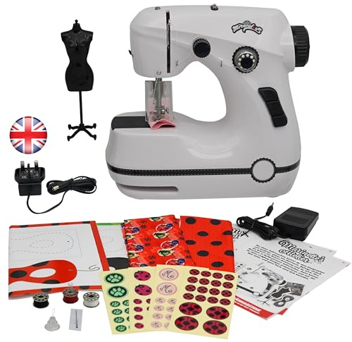 Miraculous Marinette Mini-Nähmaschine für Anfänger und Kinder, tragbare Doppelgeschwindigkeit, schwarzes Schaufensterpuppe, Superhelden-Maskenausschnitte und Fußpedal (Wyncor)