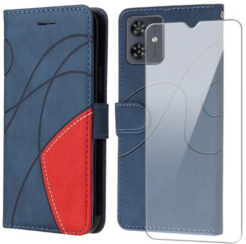 FHSYCR Hülle für Motorola Moto G54 5G Leder Handyhülle mit Displayschutzfolie, mit Kartenfächer und Magnetverschluss, PU Flip Brieftasche Case Schutzhülle für Motorola Moto G54 5G - Blau