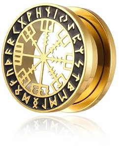 BlackAmazement 316L Edelstahl Flesh Ohr Tunnel Plug Piercing Vegvisir Aegishjalmur Aegishjalmr Wikinger Symbol Schreckenshelm Runen Kreis schwarz silber Biker Herren (Farbe Gold - Ø 12mm - 1 Stück)