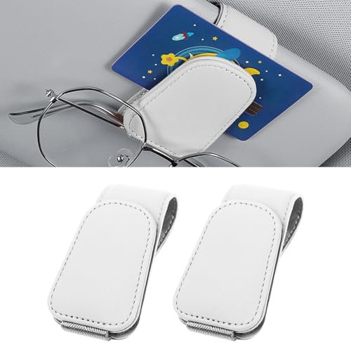Heshebuy 2 Stück Brillenhalter für Auto Sonnenblende, Brillenhalter für Auto, Sonnenbrillenhalter Auto, Magnetische Auto Visier Brillenhalter,Sonnenbrillen Halterung/Ticket-Kartenclip (Weiß)