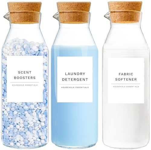 KOSKIMER 3 Pack Glass Laundry Detergent Dispenser with Cork Lids, Fabric Softener Dispenser, Easy Pour for Laundry Room Organization and Storage