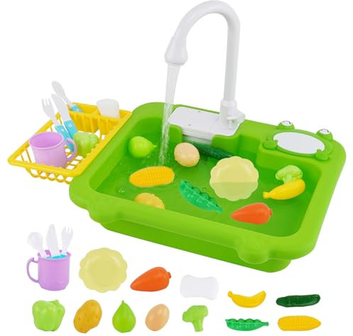 Fregadero de cocina de juguete con agua corriente, juguete de cocina para niños con grifo de reciclaje de agua y lavabo, regalo para niñas y niños a partir de 3 años