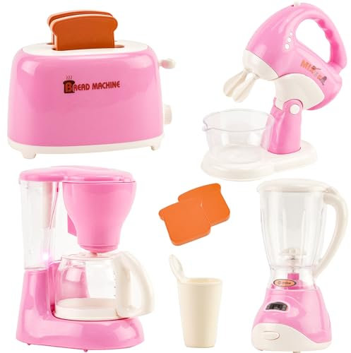 Accesorios Cocina Infantil, Electrodomesticos Cocina Juguetes con Cafetera Batidora Licuadora Tostadora, Utensilios de Cocina Infantil, Cafetera Juguete infantil Juego de Roles para Niños Niñas 3 Años