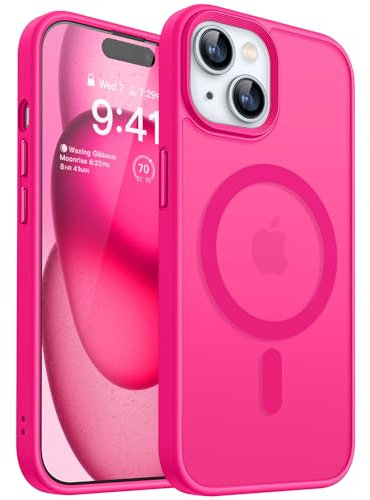 CANSHN Funda Magnética para iPhone 15, Protección Grado Militar, Carcasa Translúcida Mate Trasera Fina Antigolpes 6.1 - Rosa Vivo