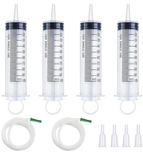 100ML Plastic Syringe with Tube, 4pcs Large Measuring Syringes No Needle | Liquid Measuring Syringes with Sealing Cap for Liquids, Oil, Pet Feeding, Plant Irrigation