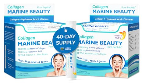 Swedish Nutra Marine Beauty 10,000 mg Liquid Collagen Shots, 40 x 25 ml | Type 1 & 3 marine collagen beauty shots for skin, hair & nails with higher absorption; 100% natural flavour, daily beauty