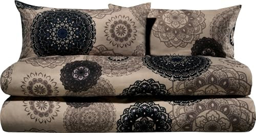 Erwin Müller Bettwäsche, Bettgarnitur Sparpaket 4-TLG. Flanell - Mandala - mollig warm, temperaturregulierend, mit praktischem Reißverschluss - beige Größe 40x80 cm / 135x220 cm