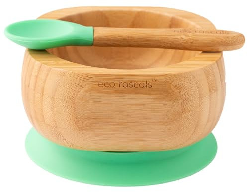 eco rascals Bamboo Baby Suction Bowl with Matching Spoon Set - Outstanding Stay Put Silicone Suction for Baby Led Weaning, Baby & Toddler Suction Bowls from 6 Months (Green)