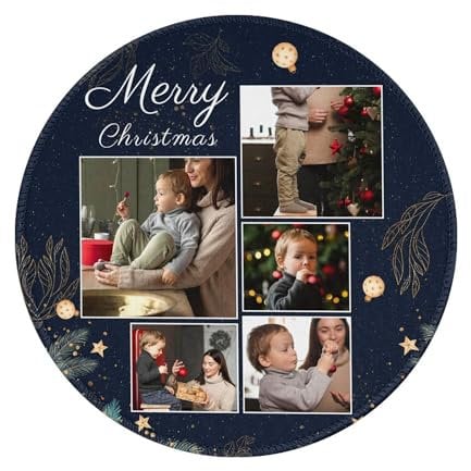 Personalised Photo Round Mouse Mat with Printed Collage 5 Images, Custom Funny Christmas Navy Blue Mouse Pad Desk Mat for Game Computer Office Home, Design Gifts for Friends Kids Son Daughter Family