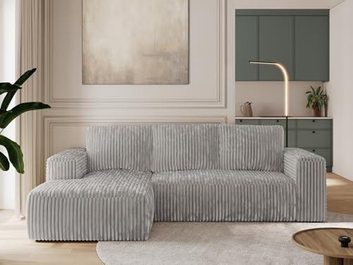 MKS MEBLE Sofa mit Schlaffunktion - Ecksofa mit Schlaffunktion und Bettkasten - Sofa 3 Sitzer - Schlafsofa - Couch - Schlafsofa mit Bettkasten - Trentino L - Hellgrau Cord - Links