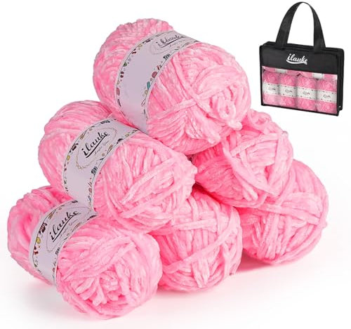 ilauke Filato di ciniglia grosso da 6 x 50 g, morbido filato di ciniglia grosso, per lavori a maglia con borse, vestiti, coperte, borse, fai da te, rosa