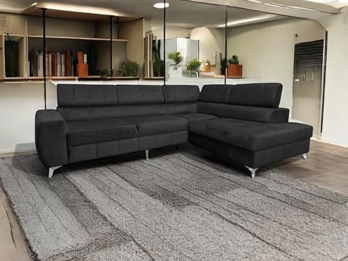 Ecksofa mit Schlaffunktion LONDON L-Form, Sofa Couch mit Bettkasten, Sofa Eckcouch, Schlafsofa für Wohnzimmer, Sofa Couch mit Schlaffunktion und Bettkasten (Graphit, Ottomane Rechts)