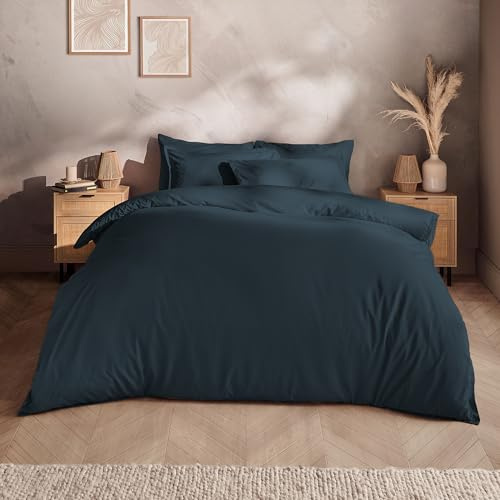 Silentnight Washed Cotton Rich Duvet Set - Soft & Comfortable Touch - Luxurious Oxford Edge Border with Button Fastening - Modern Linen-Look Quilt Cover + Pillowcase Bed Set, Single, Navy Indigo