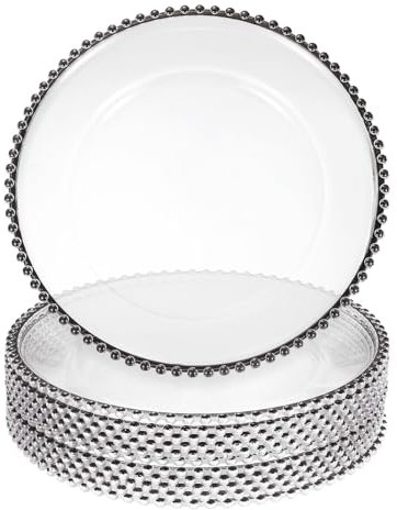 sourcing map 12pcs Clear Charger Plates Bulk, 13 Plastic Round Charger Plates with Bead Trim Dinner Dessert Plate for Wedding Party Event Table Setting Decoration, Black