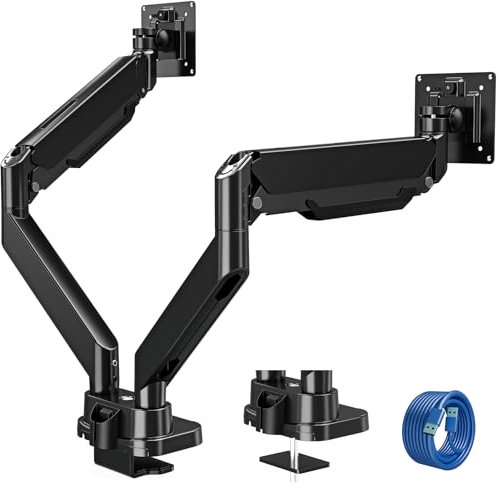 ELIVED Monitor Halterung 2 Monitore für 13-39 Bildschirme, Gasfeder Monitor Arm hält 2-15 kg Monitor mit VESA 75/100mm, Bildschirmhalterung 2 Monitore mit USB Kabeln EV3206