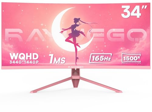 Raywego - Monitor de juego curvado de 34 pulgadas, color rosa de 165 Hz, UWQHD 3440 x 1440, 1500R -PIP, 1 ms (MPRT), HDR, 300nits, sRGB99%, FreeSync, HDMI2.0 (TMDS) x2, DP1.4 x 2, Cuidado de los ojos