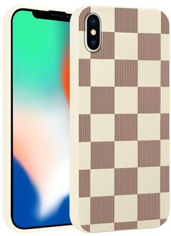 Phoona Beige Grid Print Phone Case for iPhone X/XS 5.8, with Aesthetics Pattern Design Soft Silicone Cases, Shockproof Bumper Protector Camera Girls Women Cover, for iPhone X