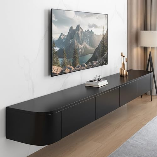 YINXSLO Modern Floating TV Unit Cabinet Black Tv Wall Units for Living Room with Drawer for Storage Wooden Media Wall Unit Large Storage Wall Mounted Tv Unit(Black,180cm/71in)