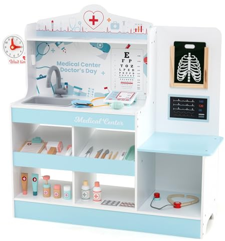 COSTWAY Krankenhaus Spielzeug, Doktor-Spielset Holz mit medizinischen Geräten & 24 Zubehör, inkl. Stethoskop & Blutdruckmessgerät & Spritze, Arzt-Rollenspiel für Kinder ab 3 Jahren (Blau)