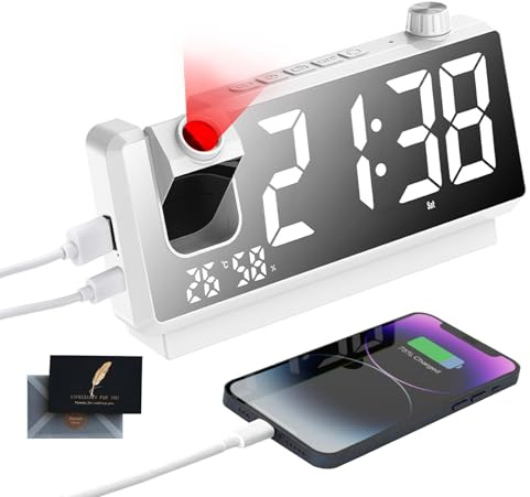 TAVADA Wecker Uhr Digital mit Projektion, Projektionswecker für Schlafzimmer mit Großer LED, 3 Helligkeitsstufen, USB, 180°, Temperatur und Luftfeuchtigkeit, 12/24H, Weckzeiten, Snooze(Weiß)