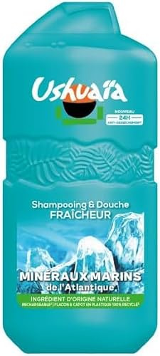 Ushuaïa Shampoing Douche Fraicheur Minéraux Marins Glycérine Végétale 280ml | Mousse onctueuse, Flacon 100% plastique recyclé, 21% plastique en moins, Parfum rafraichissant