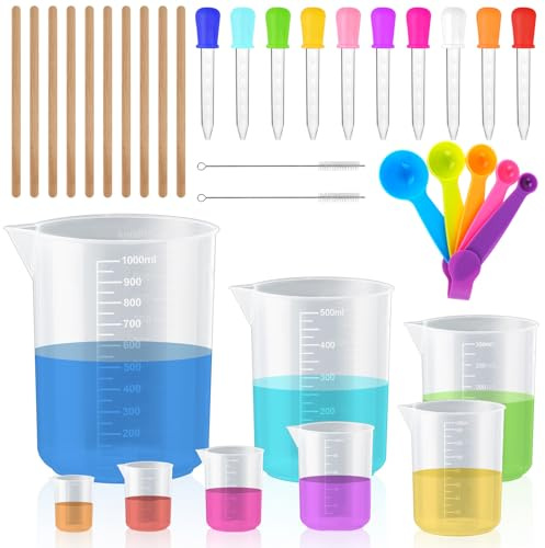 Akamino 35 Pcs Measuring Cups with Mixing Spoons & Sticks and Droppers Set, Heat Resistant Plastic Measuring Jugs, Labs Graduated Beakers Mixing Cups for Kitchen DIY Science (1000ml 500ml 250ml 150ml