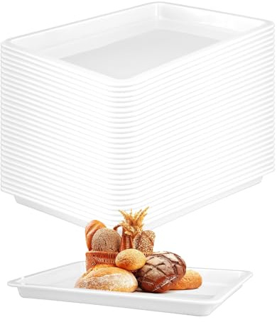 30 Stück Serviertabletts Set aus Kunststoff, 34 x 25 cm Große Weiß Tablett | Wiederverwendbare rechteckige Tabletts für Frühstück, Snacks, Buffet, Feiern, Picknick, Küche und Partys, BPA-frei
