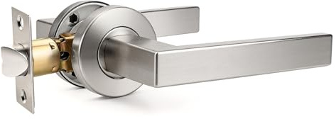 Brotima Satin Nickel Internal Door Handle with Adjustable Tubular Latch, Round Base & Square Lever, Non-Locking for Hallway and Interior Doors, 45/57mm Latch