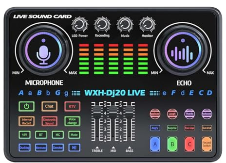 Wesafrae Carte Son DJ20 Live avec Équipement de Studio, Micro à Condensateur 48V, Réverbération, Réduction du Bruit pour Microphones Cardioïdes