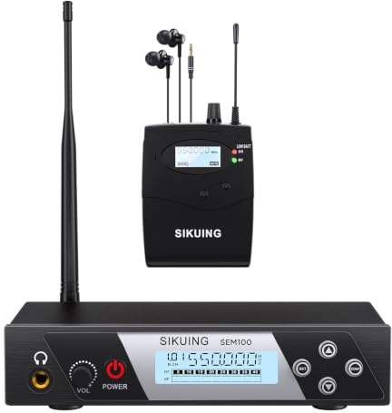 SIKUING Wireless In Ear Monitor System | Professional IEM with Beltpack Receiver & Earphones, 100 Selectable UHF Frequencies, 250ft Range