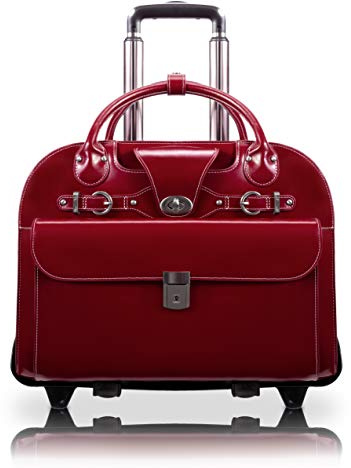 McKlein, W Series, Roseville, Top Grain Cowhide Leather, 15 Leather Fly-Through Checkpoint-Friendly Patented Detachable -Wheeled Ladies' Laptop Briefcase, Red (96646)