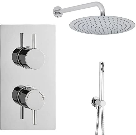 ECOSPA Concealed Twin Thermostatic Shower Mixer Valve in Chrome with 2 Outlets, 2 Round Handles and Large 300mm Thin Round Overhead plus Shower Handset Kit, Anti-Scalding Safety Feature, WRAS Approved