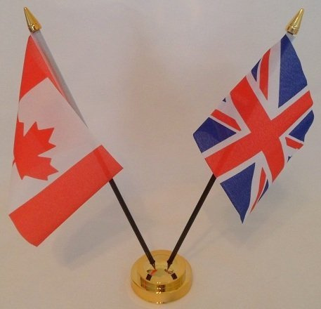 UKFlagShop Canada Canadian Union Jack United Kingdom 2 Flag Friendship Table Display With Gold Base