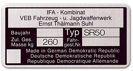 Typenschild SR50 (Aluminium)***