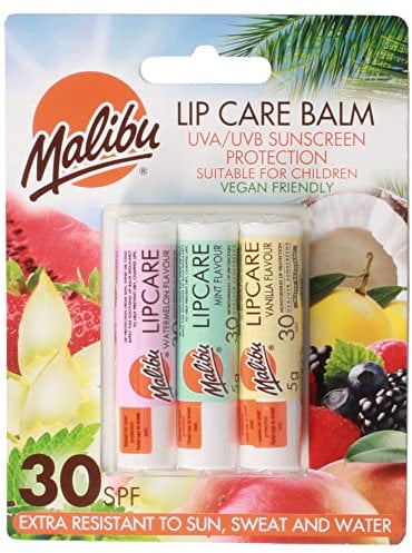 Malibu Sun SPF 30 Lippenbalsam Sonnenschutz, Wassermelone, Minze und Vanille, 3 x 5g