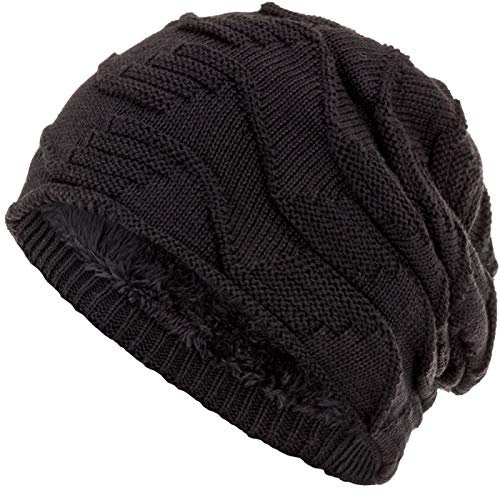 Compagno Mütze warm gefütterte Wintermütze Elegantes Strickmuster Beanie Einheitsgröße, Farbe:Schwarz