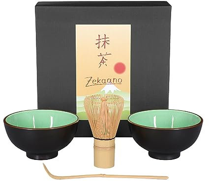 Aricola Matcha-Set 4-teilig, moosgrün, bestehend aus 2 Matcha-Schalen, Matcha-Löffel und Matcha-Besen (Bambus) in Geschenkbox. Original