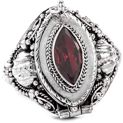 Windalf Mittelalter Vintage Giftring ADÛNAI 20 mm Mediaval Roter Granat-Stein Zum Öffnen Statementring Handarbeit 925 Sterlingsilber (Silber, 62 (19.7))