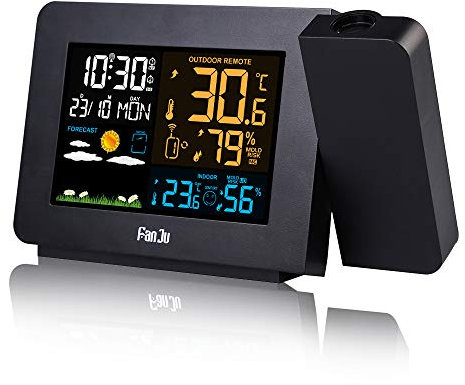 FanJu FJ3391 Wetterstation funk mit Außensensor/Projektionswecker/Innen-/Außentemperatur und Luftfeuchtigkeit/Mondphase/Funkwecker