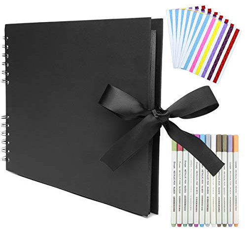 Album Photo à Coller,Scrapbooking, Pages Noires 80 Pages Album Photo Vierge,Livre Photo Scrapbook avec 12 Marqueur Métalliques 714 Coin Photo Adhesif Cadeaux de Noël-Noir
