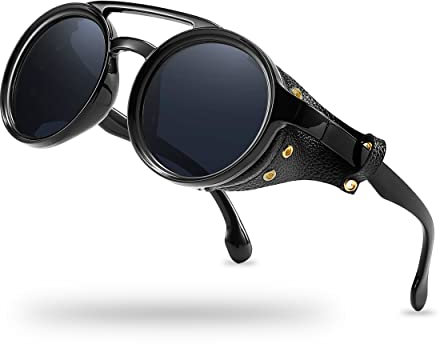 Technigadgets Finnegan Steampunk-Retro-Sonnenbrille für Herren und Damen, mit Leder-Seitenschild, Doppelbrücke, Kunststoffrahmen, Herren-Geschenk, Schwarz Grau