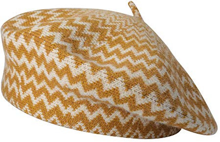 ZLYC Damen Winter Baskenmutze Klassische Barett Drucken Weich Warm Französische Mütze (Streifen Gelb),Einheitsgröße