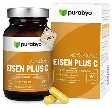 Pflanzliches Eisen aus Curryblatt mit 40 mg natürlichem Vitamin C aus Acerola | im Glas |Eisen mit 100% NRV | Nur 1 Kapsel täglich | vegan, laborgeprüft und in Deutschland hergestellt