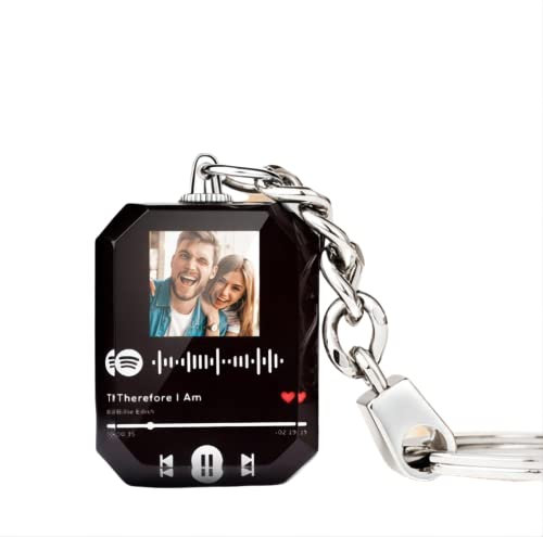 Spotify Crystal Porte-clés en Acrylique avec Plaque Gravée Personnalisée en Verre de Chanson en Acrylique avec Code QR et Nom Personnalisable + Votre Photo en Acrylique Noir
